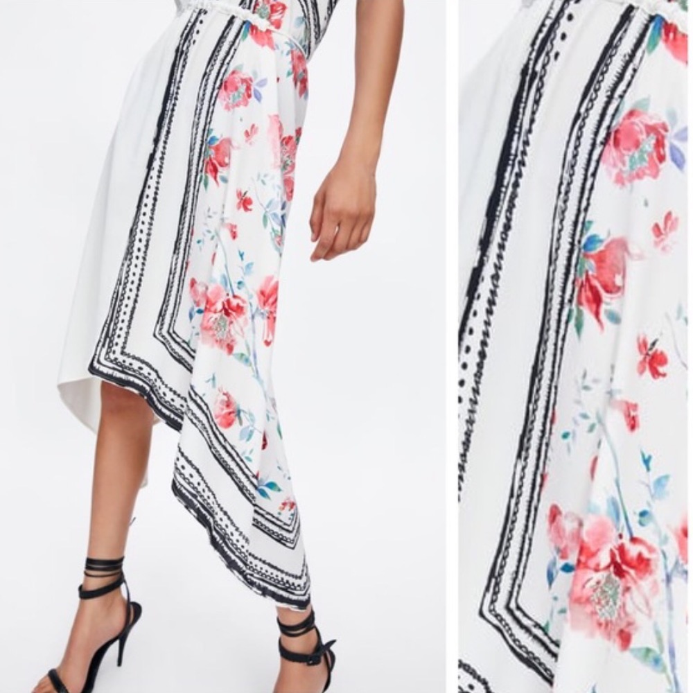 ZARA Combined Asymmetric Halter V-Neck Dress Rose Print Black/White/Red Sz S NEW - Picture 5 of 6